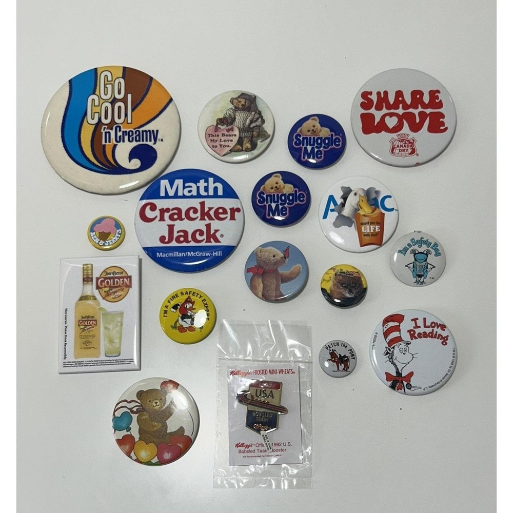 17 piece Vintage Pinback Button Lob Pins Badges Bears